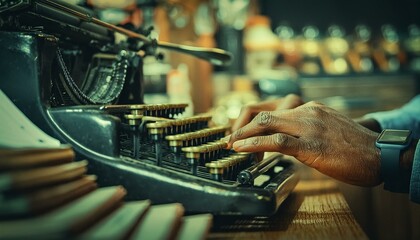 Ink and Inspiration: Writer Crafting Tales on Antique Typewriter in Storefront - obrazy, fototapety, plakaty