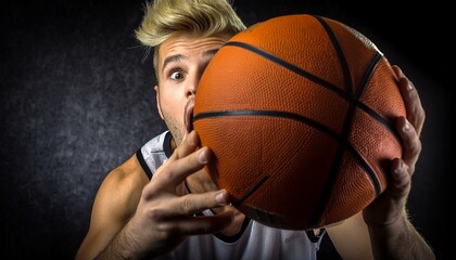 Basketball Enthusiast: Man Holding Basketball with Mouth Agape