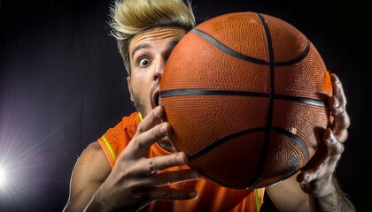 Basketball Enthusiast: Man Holding Basketball with Mouth Agape - obrazy, fototapety, plakaty