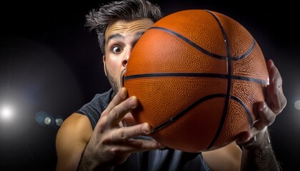 Basketball Enthusiast: Man Holding Basketball with Mouth Agape