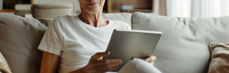 woman using digital tablet computer at home,	