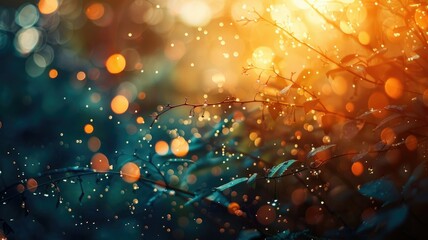 Dew on Branches with Golden Bokeh Background - A serene photo of delicate dew drops on tree branches set against a warm, golden bokeh light effect - obrazy, fototapety, plakaty