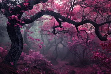 Fotobehang Enchanted forest in pink hues and mist - Fantasy-like landscape capturing the beauty of a dense forest immersed in a mysterious pink mist with twisted trees and vibrant foliage © Mickey