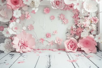 Floral paper art installation on white backdrop - A beautiful 3D paper art installation with large pink and white flowers on a rustic white wooden background