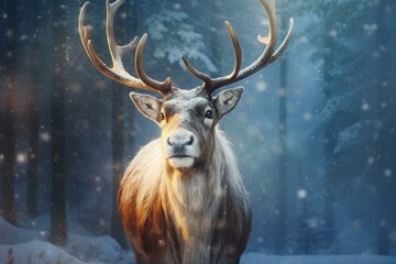 Dense Reindeer winter forest. Deer animal. Generate Ai