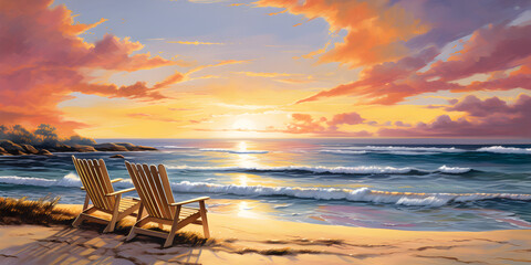 Illustration of seaside beach with sunset