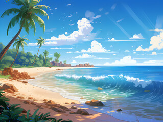 Fototapeta na wymiar Illustration of tropical beachside and ocean with waves at daylight with blue sky 