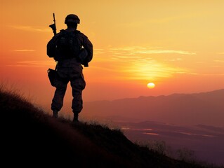 A soldier stands on a hill overlooking a valley with a sunset in the background. Concept of solitude and contemplation, as the soldier is alone in the vast landscape. The sunset adds a touch of warmth