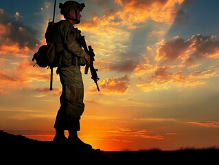 A soldier stands in the desert at sunset, holding a rifle. The sky is orange and the sun is setting, creating a peaceful and serene atmosphere