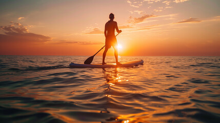 A paddleboarder ventures into the sunset, silhouetted against the vivid colors of the evening sky on calm seas.. - obrazy, fototapety, plakaty