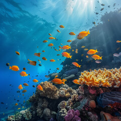 Vibrant underwater coral reef bustling with bright orange tropical fish beneath sunlit blue ocean waters.