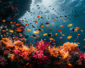Fototapeta na wymiar Vibrant underwater coral reef bustling with bright orange tropical fish beneath sunlit blue ocean waters.
