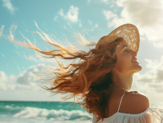 Naklejka premium A woman in a sunhat with her hair blowing in the wind embodies the carefree spirit of a sunny beach day..