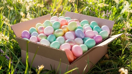A box filled with colorful Easter eggs sits on a grassy field.