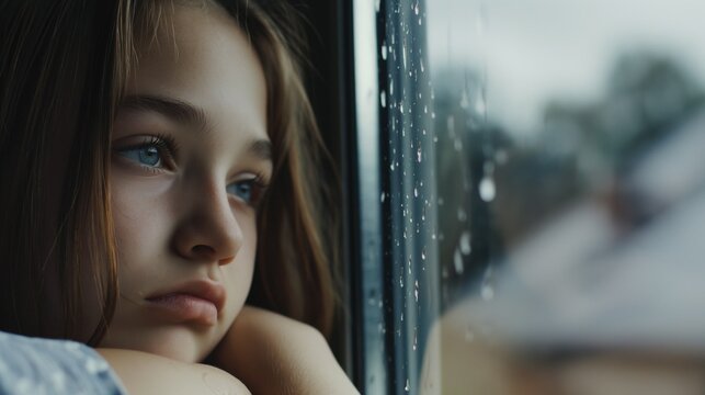 Close up image of a teenager sitting by a window, gazing outside at the rainy weather with a sad expression in her eyes