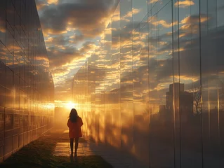 Foto op Canvas A woman walks through a long hallway with a sunset in the background. The hallway is made of glass and the sun is shining through it, creating a beautiful and serene atmosphere © MaxK