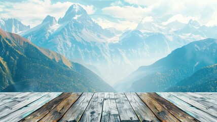 Wooden deck with a view of sharp mountain peaks - Spectacular scene of a wooden plank foreground leading to sharp alpine peaks under a clear sky