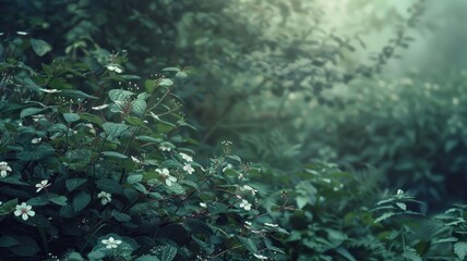 Fototapeta na wymiar Lush green foliage with delicate white flowers - A close-up of enigmatic greenery dappled with soft white flowers, the image evokes a fresh and invigorating feeling of life
