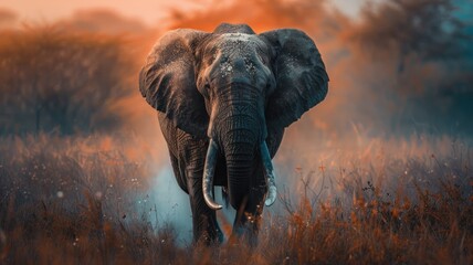 Majestic elephant walking in a misty field - A solitary elephant strolls through a misty, golden-lit field, exuding the beauty of wild nature - obrazy, fototapety, plakaty