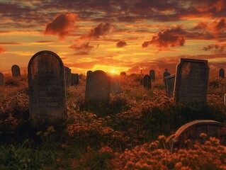 A cemetery with many gravestones and a sun setting in the background. Scene is somber and peaceful - obrazy, fototapety, plakaty