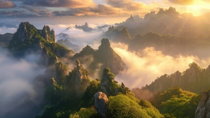 Majestic sunrise over misty mountain peaks - An ethereal landscape with the sun rising amidst mist-covered mountain tops, illuminating the scenery with warm light