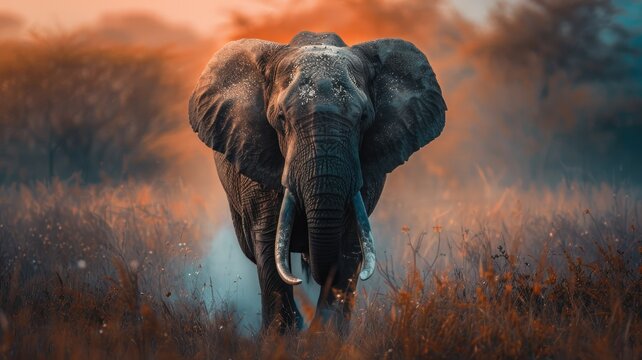 Majestic elephant walking in a misty field - A solitary elephant strolls through a misty, golden-lit field, exuding the beauty of wild nature