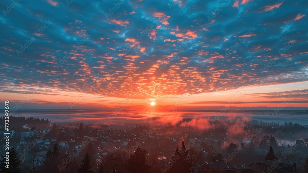 Poster Sunset casting vibrant hues over sleepy town - A captivating sunset spreads vibrant colors above a fog-covered town, signaling the end of the day