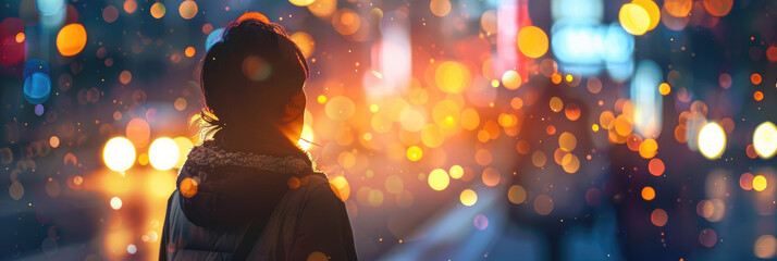 Silhouette against vibrant city lights backdrop - A backlit silhouette stands against a cityscape flooded with bokeh lights, symbolizing urban life and anonymity in the crowd - obrazy, fototapety, plakaty