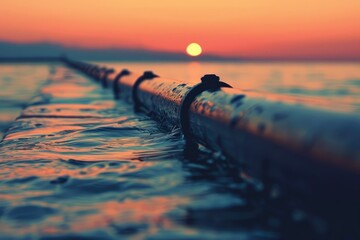 Sunset over ocean with industrial pipeline - The calming scene of sunset capturing reflections on water with an industrial pipeline stretching into the horizon evokes a sense of contrast - obrazy, fototapety, plakaty