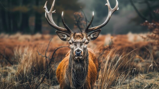 Stag with impressive antlers in autumn wood - A mighty stag with towering antlers stands proud in an autumnal forest clearing