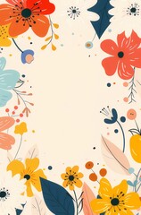 simple illustration with colorful flowers and leaves It has a large empty space in the middle for text.