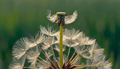 Close-up of a dandelion (Taraxacum officinale) with a feather crown, showcasing its composite flower structure and seeds.