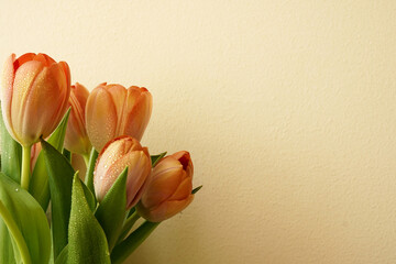 A beautiful bouquet of Tulips with water drops on petals on brown kraft paper background.