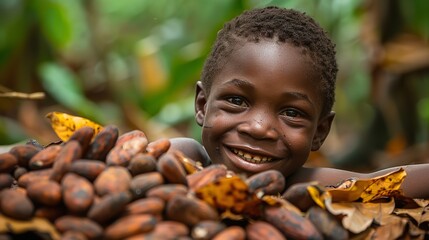 Joyful young African boy garnering cocoa beans from the densely forested area with withered foliages smiley face and space, Generative AI. - obrazy, fototapety, plakaty