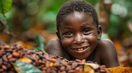 Joyful young African boy garnering cocoa beans from the densely forested area with withered foliages smiley face and space, Generative AI. - obrazy, fototapety, plakaty