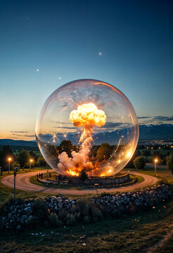 Nuclear explosion in a glass boll, danger of nuclear war. Generative AI