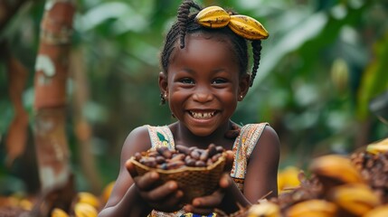 Joyful young African girl garnering cocoa beans from the densely forested area with withered foliages smiley face and space, Generative AI. - obrazy, fototapety, plakaty