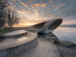 A large concrete structure with a curved roof sits on a rocky shoreline next to a body of water. The sky is a mix of orange and blue hues, creating a serene and peaceful atmosphere - obrazy, fototapety, plakaty