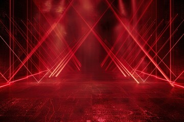 Dark background with lines and spotlights, neon light, night view. Abstract red background - generative ai
