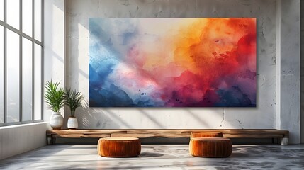 exquisite wall white art mockup, featuring a whimsical watercolor painting with soft gradients and fluid brushstrokes, adding a sense of playfulness to any interior