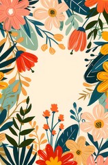 simple illustration with colorful flowers and leaves It has a large empty space in the middle for text.
