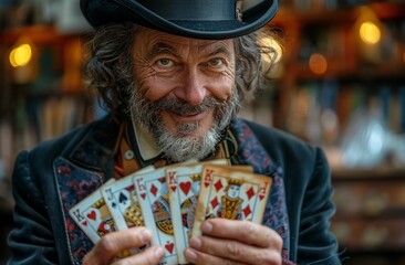 Magician Joker face with funny smile character in top hat smiling while holding up cards. Generative AI.