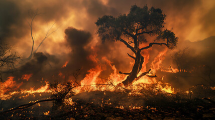 Intense wildfire engulfing a forest with flames consuming trees and smoke billowing against a dramatic, fiery sky.