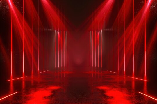 Dark background with lines and spotlights, neon light, night view. Abstract red background - generative ai