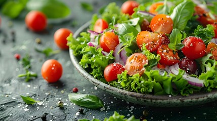 freshness of a vibrant salad on a crisp green background, accentuating the crispness of the greens and the colorful medley of ingredients - obrazy, fototapety, plakaty
