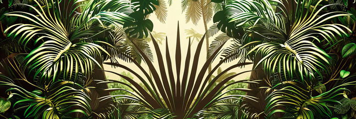 Vibrant Tropical Garden: Lush Greenery and Exotic Plants Creating a Peaceful Oasis, Perfect for Relaxation and Connection with Nature - obrazy, fototapety, plakaty