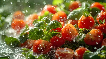freshness of a vibrant salad on a crisp green background, accentuating the crispness of the greens and the colorful medley of ingredients - obrazy, fototapety, plakaty