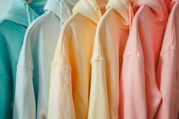 Lots of colorful hoodies hanging on clothes hangers. Bright colorful sweatshirts in wardrobe