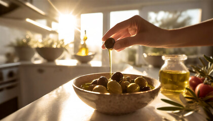 Kitchen scene with womans hand taking one black olive from a little bowl and some oil is running down - obrazy, fototapety, plakaty