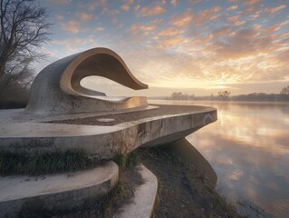A large concrete structure with a curved shape sits on a ledge overlooking a body of water. The water is calm and the sky is a mix of orange and pink hues. Concept of tranquility and peacefulness